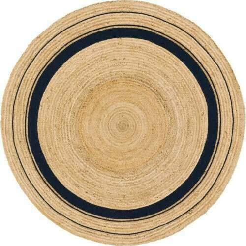 Vipanth Natural Jute Rug with Black Line Handmade Reversible Round Area Rug Hand Braided Rug for Home Decor (60 x 60 Cm Round)