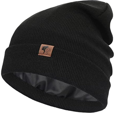 Olivia Sylx Satin gefütterte Beanie für Damen, Bündchen, Satin-Beanie, Seidenmütze, Seidenfutter, Wintermützen für Damen, mit Satin gefütterte Mützen, Schwarz, Einheitsgröße