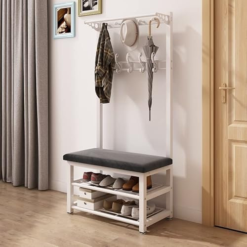 Porte-Manteau en Métal Vestiaire Portant Vêtements Etagère portemanteau sur Pied Blanc avec 10 Crochets et Étagère à Chaussures à 3 Niveaux Armature Métallique 172 cm Hauteur