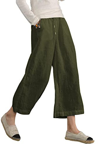 Famulily Cropped Wide Leg Cotton Linen Trousers Womens Summer Army Green L