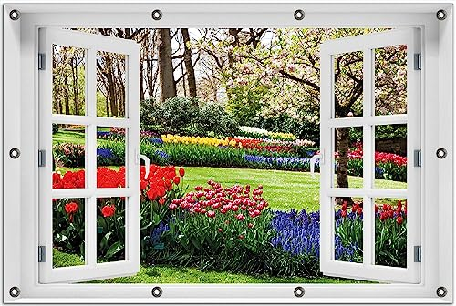 Wallario Outdoor-Poster für Garten oder Balkon Bunte Blumen und Kirsch-Baum im Park blühen im Frühling, Motivbanner Größe: ca. 80 x 120 cm Fenster-Illusion