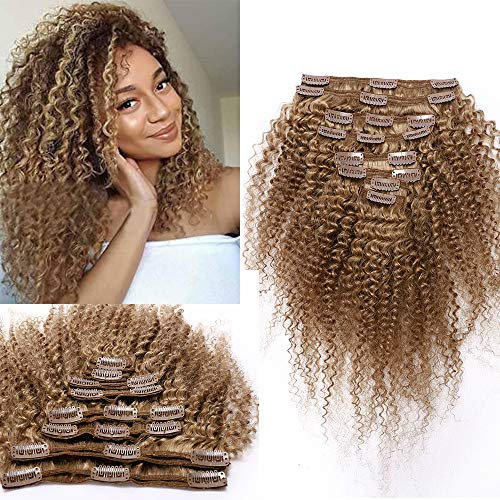 Clip in Extensions Echthaar Afro Hair Extensions Haarteile Echthaar 8Pcs 18 Clips Doppelt Tressen #27 Dunkelblond Haarverlängerung Kinky Curly Brasilianisch Human Hair 20cm-95g