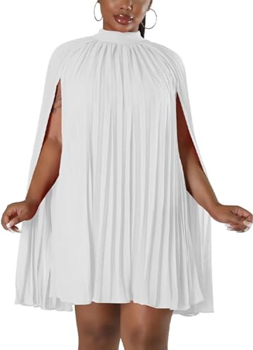 Ekaliy Women’s Chiffon Pleated Cape Dress Cloak Sleeve Knee Length Wedding Guest Shift Dress White M