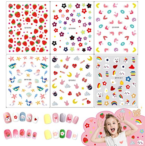 Nagelaufkleber Set für Kinder, 6 Blatt Nagelsticker Kinder 3D Selbstklebende Sommer Cartoon kid Nagelsticker Tiere Pflanzen Art Nail Sticker Nail Sticker Set Nagelkunst für Kinder Frau Mädchen Favors