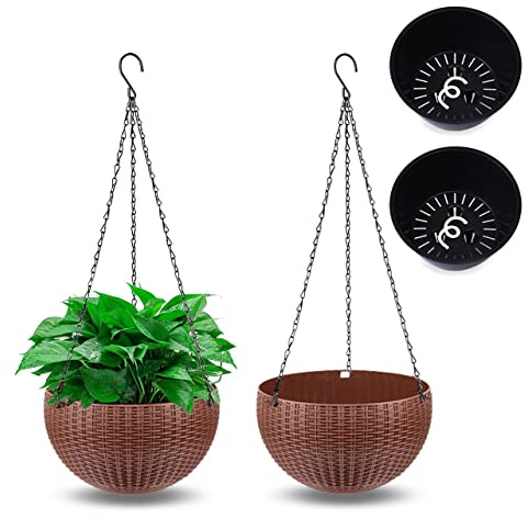 Moollyfox 2 Stück Blumenampel Außen, Ø 26cm Selbstbewässerung Blumentopf Hängend, Hängeampel Outdoor Kunststoff, Hängeblumentöpfe mit Rostfrei Ketten, Hängeampeln für Draußen Innen Decken Pflanzen
