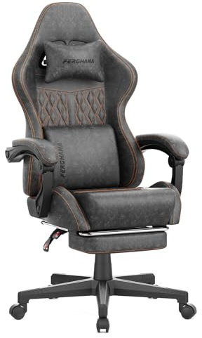 Ferghana Sedia da Gaming,Sedia Gaming Ergonomica con Regolabile Poggiapiedi,Poggiatesta,Supporto Lombare,Pelle di PU Poltrona Ufficio Regolabile,Professionale Sedia da Ufficio Gaming(Grigio)