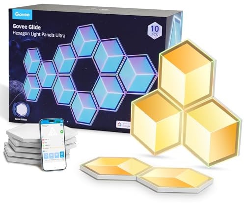 Govee Glide Hexagon Light Panels Ultra, 3D Hexagon LED Panels RGBIC, Wi-Fi Wandleuchte 129 LEDs funktioniert mit Alexa, 60 Szenenmodi und Musik Sync für Gaming Wand zimmer Deko, 10 Panels Lunar Weiß