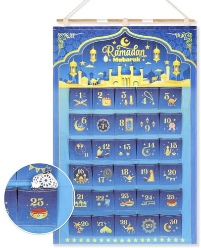 DPKOW 30 Ramadan Kalender zum Befüllen Stoff, Ramadan Deko Ramadan Adventskalender Kinder Gefüllt Ramadan Geschenke Eid Adventskalender Wandkalender Ramadan Tüten Taschen Eid Mubarak, 3.2 * 2.1 Fuß