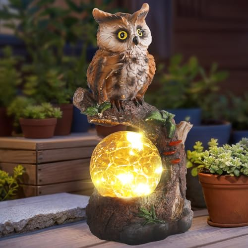 JJALIGHTS Solar-Eulenfigur, Eulen Deko Garten mit Solar Ball wasserdicht für Draußen Balkon Terrassen Geschenke für Frauen Männer Mama Geburtstag 24CM