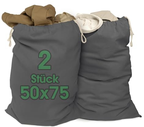 ELES VIDA® - 2 Stück Wäschesäcke 50x75 cm aus 100% Baumwolle - Extra große Wäschebeutel - langlebig, Mit Kordelzug, Reise Wäschesammler Wäschebox Kleidersack Aufbewahrung in Grau