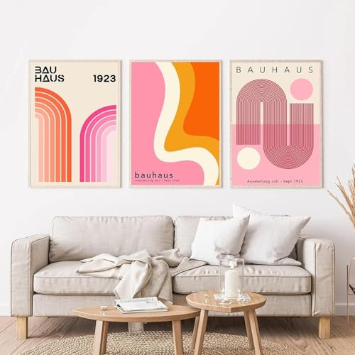 KemneT Rosa Bauhaus-Ausstellung Wand Bilder abstrakte Wellenlinie Leinwandgemälde Retro nordische Poster Kunstdrucke Wandbild Wohnzimmer Heimdekoration 50 x 70 cm x 3 ungerahmt