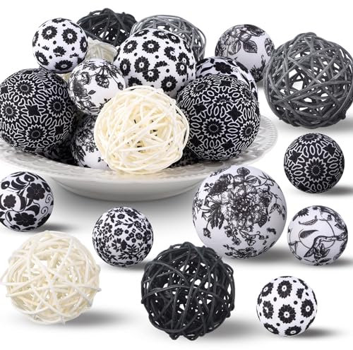 Halloscume 36 Pcs Decorative Fabric Balls for Centerpiece Bowls & Vases - 2.4 Inch Wicker Rattan Balls - Black & White