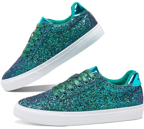 Jeekopeg Glitzernde modische Sneaker-Schuhe, glänzende Freizeitschuhe, glitzernde Pailletten, Konzert, niedrig geschnitten, Schnürschuhe, Grüner Glitzer, 12 Women/10 Men