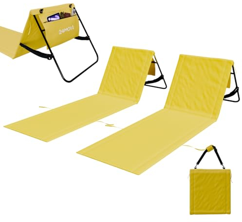 24MOVE® Strandmatte 2er Set klappbar mit Verstellbarer Rückenlehne, Strandliege faltbar mit Schlaufen, Aufbewahrungstasche, Sonnenliege für Strand Garten, gelb