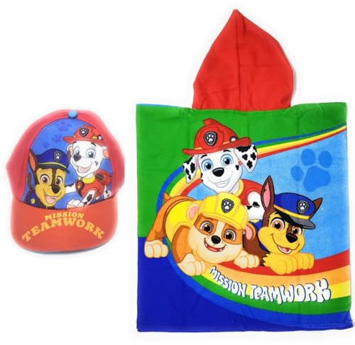 Paw Patrol Poncho Handtuch für Strand oder Pool + Paw Patrol Mütze für Kinder, Set mit Mütze und Poncho, verstellbar, Poncho mit Kapuze (rot, 110 x 55 cm)