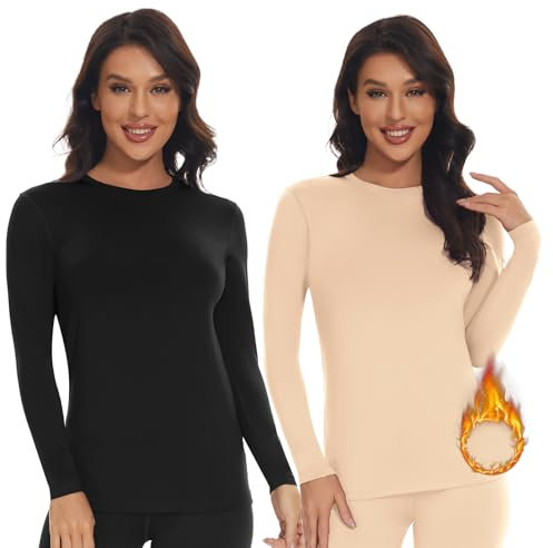 SIMIYA Thermo Unterhemd Damen Thermoshirt Langarm Thermounterwäsche Thermo Oberteil Warme Unterwäsche Winter Thermal Base Layer mit Innenfleece,Schwarz+Beige,L