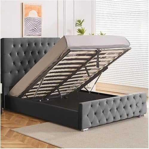 BED TIME UK Ottoman 5FT King Size Bed, Grey Plush Velvet Gas Lift Storage Bed Frame, Floor-Standing Chesterfield Headboard & Footboard