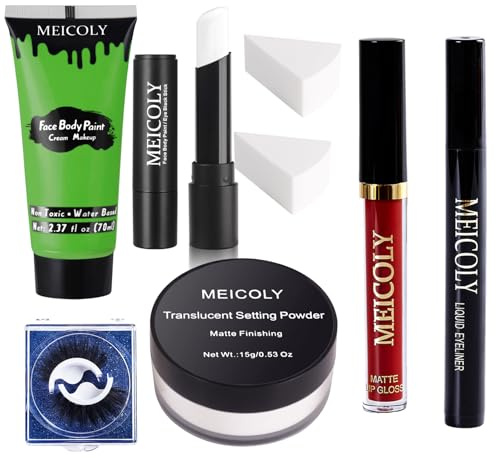 Meicoly - Kit de pintura para cara verde, bruja malvada para Halloween, cosplay, pintura corporal, pintura facial verde limón + palo de pintura facial blanca + delineador de ojos negro +