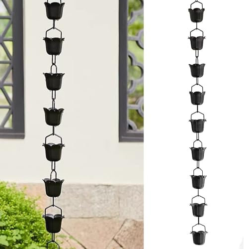Regenkette aus Aluminiumlegierung, 2,4 m, schwarz, pulverbeschichtet, Blumenbecher, Haus, Garten, dekoratives Glockenspiel, Regenkette, Ersatz-Fallrohr für Dachrinnen und Leitwasser