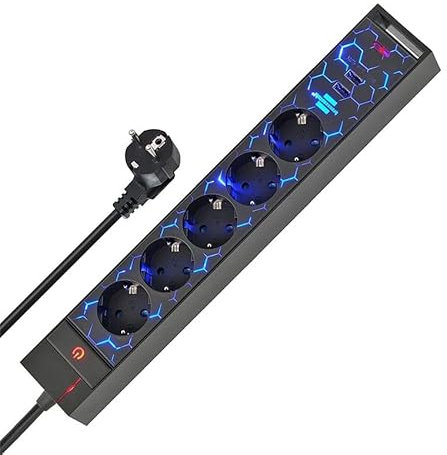 Estación de energía para gaming con 5 tomas y 2 puertos USB tipo A. Ideal para gamers que requieren múltiples conexiones de manera práctica y eficiente. Perfecta para tu setup de juego.