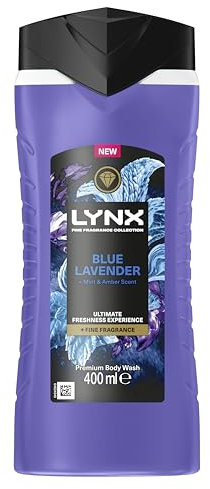 Lynx Fine Fragrance Collection Blue Lavender Premium Body Wash Body Cleanser shower gel with a lavender, mint & amber scent for 12 hours of freshness 400 ml