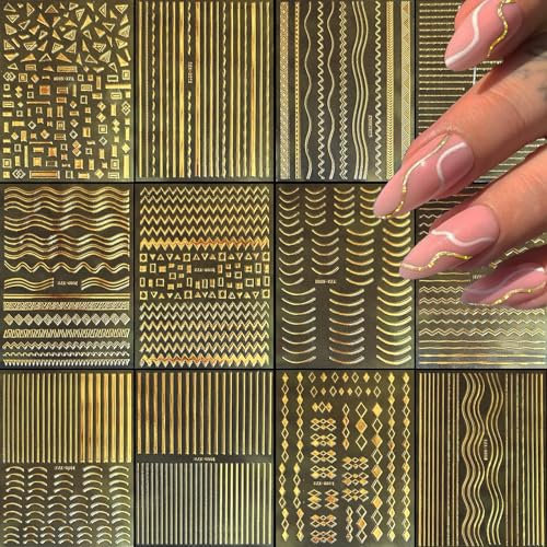 BelleVive 12 Blatt goldene Nagelaufkleber, Abziehbilder, goldene Linien, Nagelaufkleber für Nagelkunst, Nagelkunstaufkleber, 3D, selbstklebende Metallstreifen, Wellen-Nagelaufkleber