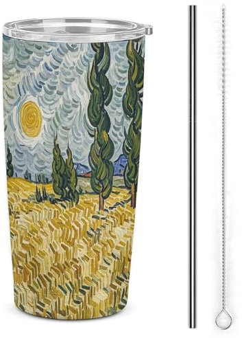 Coffee Cups with Lids Car Cup Stanley Cup Tumble Sealed Double Drinking Lid Stainless Steel Straw Wheat Fields And Cypress Trees Printed Mugs Fits in Car Cup Holder (20 OZ)