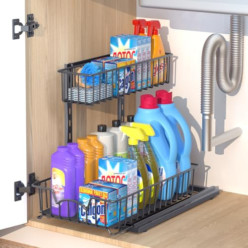 Bomclap 2 Etagen Waschbecken Regal, Ausziehbarer Spülschrank Organizer, Metall Schrankkörbe für Küche und Bad, Mehrzweck Unterschrank (Schwarz)