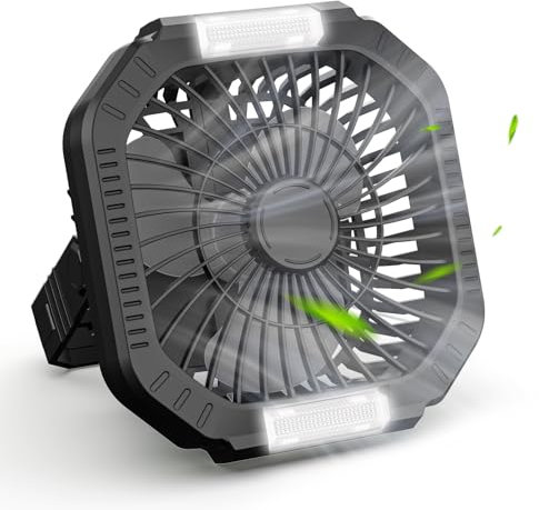 ZWOOS Ventilador de Camping USB, Recargable de 10400mAh, Ventilador de Mesa/pared Silencioso con 4 Niveles de Velocidad,Ajustable con Luz LED, Pesca, Negro