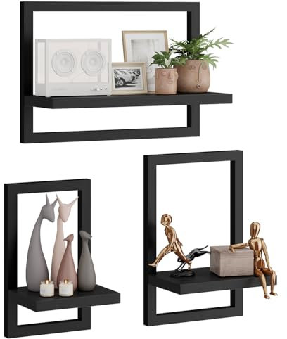 IBUYKE schwimmende Regalwand, Satz von 3-Wandregalen, hängende Regale für Wandlagerung, Ausstellungsregale, quadratisches Bücherregal für Büro, Schlafzimmer, Badezimmer, Küche,Black TFS001B
