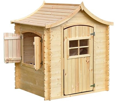 Timbela Kinderspielhaus aus Holz MIT BÖDEN - Spielhaus im Freien für Kinder - B112xL146xH152 cm/1,1m2 Gartenspielhaus - Garten-Sommerhaus für Kinder M550
