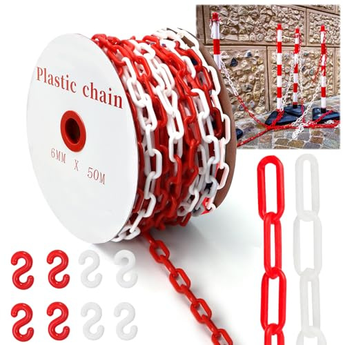 50 m Absperrkette Rot Weiß Kunststoffkette, 6mm Warnkette Plastikkett | Kunststoff Absperrkette mit 8 Karabinern für Barrieren in Auffahrten, Arbeitsplätzen und Garagen