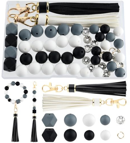 NEBURORA Silikonperlen für Schlüsselanhänger-Set, weiße, schwarze und graue Perlen mit Lederquasten, runde Perlen für Armbänder, Bastelarbeiten, Perlenstifte, Dekorationen, Schmuckherstellung