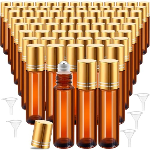 TESIN Lot de 50 flacons roll-on de 10 ml, en verre ambré, rechargeables, avec bille en acier inoxydable, pour huiles essentielles, parfums et cosmétiques, avec 5 entonnoirs