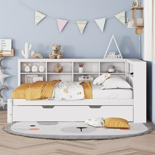 Plattformbett mit Ausziehbett 140x200cm(90x190cm), Ausziehbares Schlafsofa Tagesbett mit Bücherregal & USB Ladefunktion, Multifunktionsbett Gästebett Daybett Kinderbett Jugendbett,White