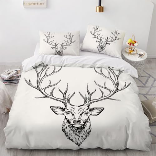XPINGO Kinder Bettwäsche Elch 155x220 cm 3teilig 100% Mikrofaser Sommer Weiche Warm Bettbezüge mit Reißverschluss 3D Hirsch Bettbezug mit 2 Kissenbezüge 80x80 cm（Stil 165-9）