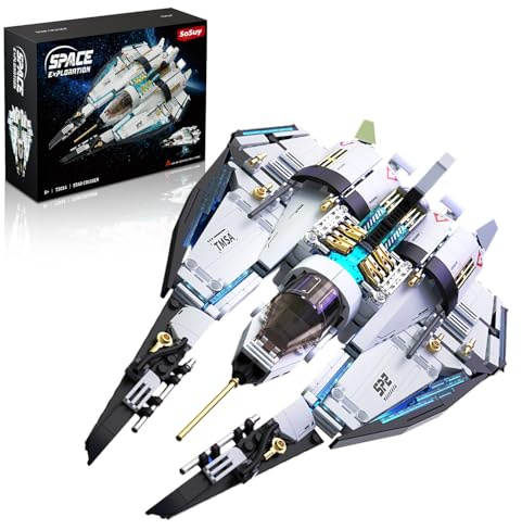 Sosuy Raumschiff Bausteine, LED-Rakete Shuttle Schiff, Spielzeug für Jungen 8 Geburtstagsgeschenk mit Display-Ständer, Geburtstag für Jungen Kinder Mädchen