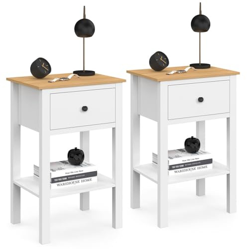 IDMarket - 2er-Set Nachttische ACHILLE 1 Schublade und 1 Einlegeboden weiß und Holzplatte