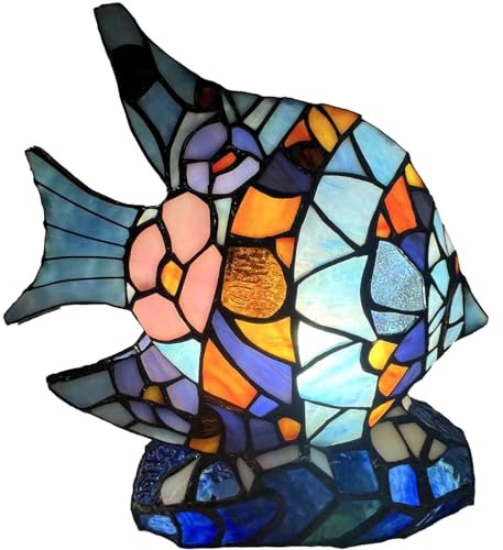 Bieye L33010 Tischlampe im Tiffany-Stil mit Buntglas-Fischmotiv für die Heimdekoration (Blauer Kaiserfisch)