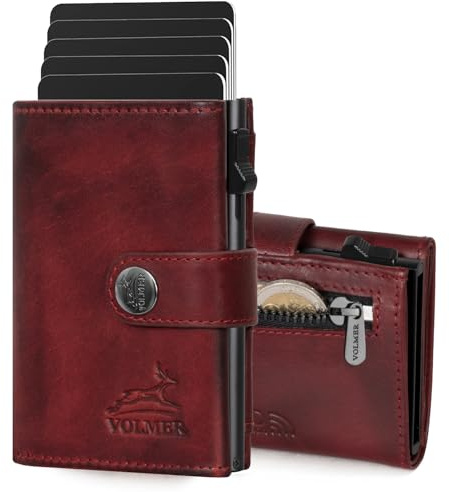 Fa.Volmer POP-UP Porta carte con portamonete in vera pelle per uomo e donna | 12 carte | protezione RFID | Portafoglio VO45, Bordeaux, Kleines Münzfach, Portamonete grande