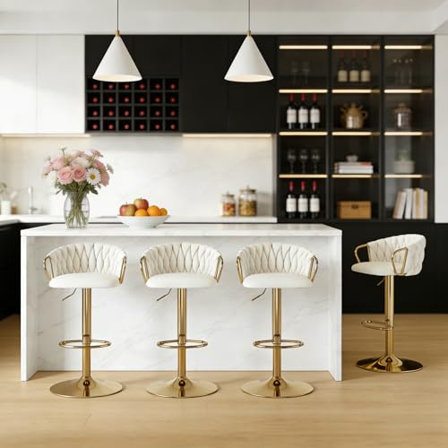 Orirsnug Lot de 4 Tabourets de Bar Contemporains, Tabouret de Bar sur Pied Haut avec Dossier Tressé et Repose-Pieds, Chaise Haute Cuisine à Hauteur Réglable,Base en Métal, Blanc