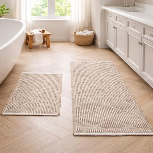 Großes Badezimmerteppich Set 2 Teilig, Rutschfest Waschbar Boho Badteppich, Rhombische Badvorleger Duschvorleger für Badezimmer, Waschküche, Wohnzimmer, Schlafzimmer, Braun, 46x77 cm und 51x120 cm