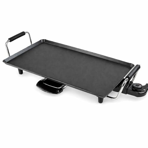 Kingtos Electric Table Top Teppanyaki Grill with 8 Wooden Spatulas, Large Non-Stick Griddle Plate, Adjustable Thermostat Control, Built-In Oil Drip Tray, Indoor BBQ Meat Cooking, Fish & Veg