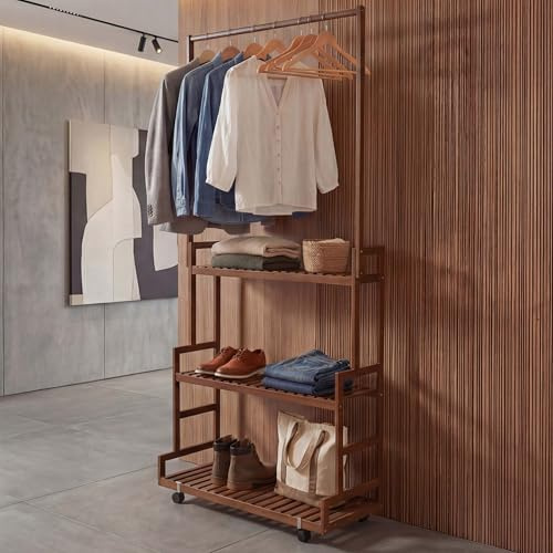 Mendler Bambus Standgarderobe HWC-Q33, Garderobenständer Kleiderständer Schuhregal, Stange 3 Ablagen Rollen 175x93x38cm - braun