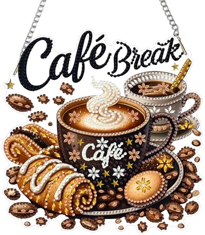 NEWENMO 5D Kaffee Diamond Painting Anhänger Fensterbilder Diamond Art Kit | Kaffee & Brot Diamond Painting Anhänger Set,DIY Crystal Art Kit mit Kette,Hängendes Diamant Ornament für Fenster & Garten
