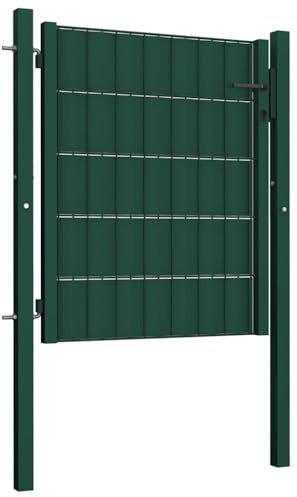 Puerta de valla de PVC y acero verde 100 x 81 cm con 2 postes ajustables con cerradura, puerta de jardín para exteriores con bisagras estables y 3 llaves
