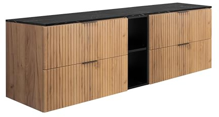 3E 3xE living.com Wandhängender Badezimmerschrank, Eiche Craft/Schwarze Marmor-Optikplatte (MDF), 180 x 57 x 46 cm