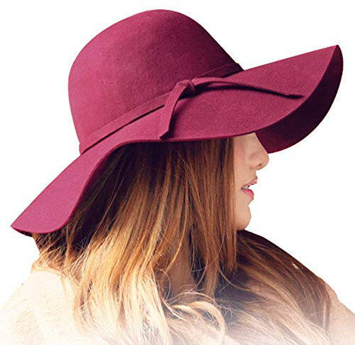 ASSQI Damen-Mütze, 100 % Wolle, faltbar, breite Krempe, Retro-Fedora-Schlapphut, Filz, Rot-Vintage-Rot, Einheitsgröße