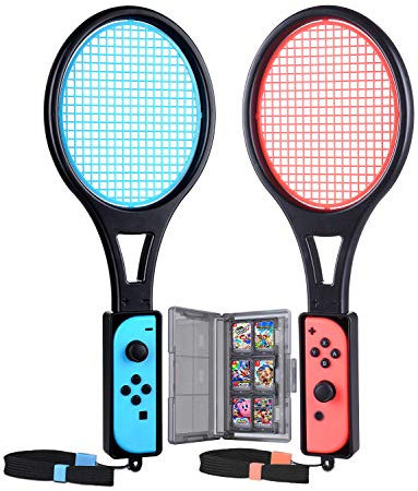 Tendak Tennisschläger für Nintendo Switch Mario Tennis Aces Spiele Tennis Racket für Joy-Con Controllers mit 12 in 1 Spiele Karte Case Tasche (2 Stück, Blau und Rot)