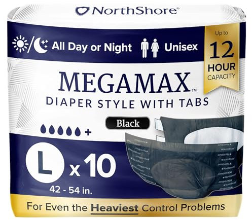 NorthShore MegaMax Nachtwindeln für Erwachsene, 12-Stunden-Tab-Stil, groß, Beutel mit 10 Stück, schwarz, 42–54 Zoll, Unisex-Inkontinenzunterwäsche